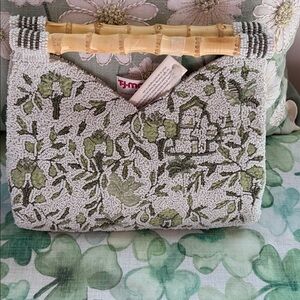 RARE- Light green/jade Floral Beaded Clutch with Bamboo Handle